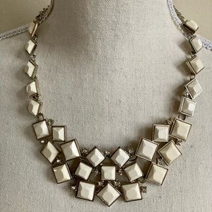Loft Silver Tone White Faceted Tile Links w/ Rhinestones Bib Statement Necklace